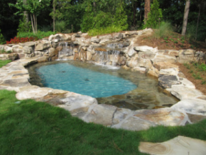 Raleigh pond design in backyard hardscape